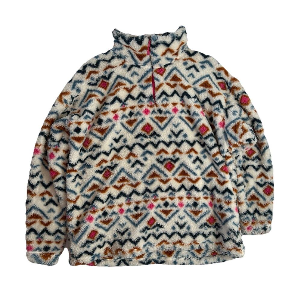 Eddie Bauer Women’s XXL Aztec Print Fluffy Teddy Fleece Vanilla 1/4 Zip Pullover